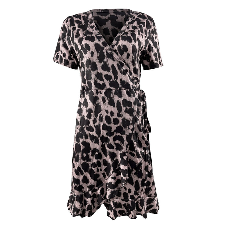 Summer Dress Women Bandage V-neck Short Sleeve Leopard Print Sexy Ruffle Mini Dress Plus Size Elegant Women's Party Dresses