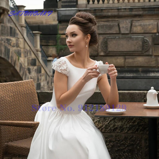 Vestidos De Novia New Short Satin Wedding Dress For Bride Cap Sleeve Backless A-Line Bridal Gown France Robe Mariée Online Shop