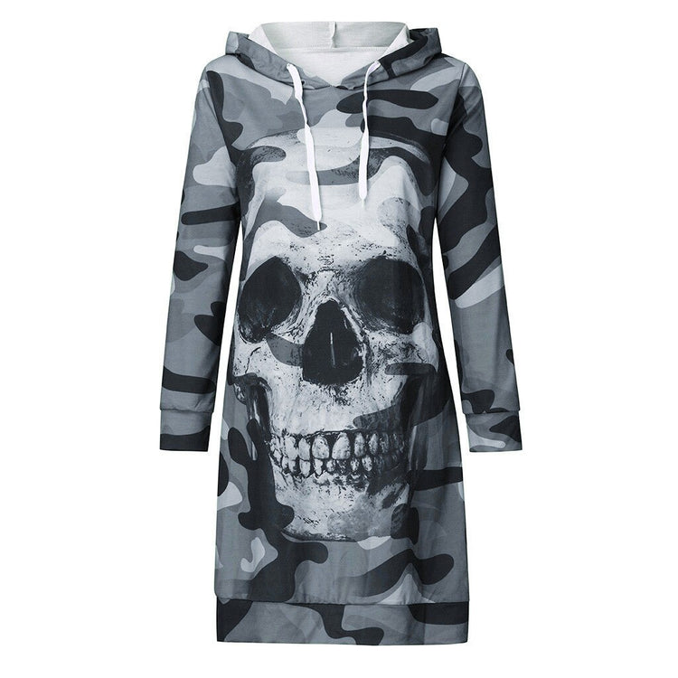 Camouflag Skull Sweatshirt Dress Women Long Sleeve Casual Hooded Pullover Print Mini Dress Vestido De Mujer Женское Платье