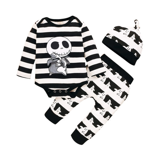 New Halloween Baby Boy’s Clothes Sets Stripe Skull Pattern Long Sleeve Jumpsuit Long Pants Hat Toddler Baby 3Pcs Outfits 0-24M