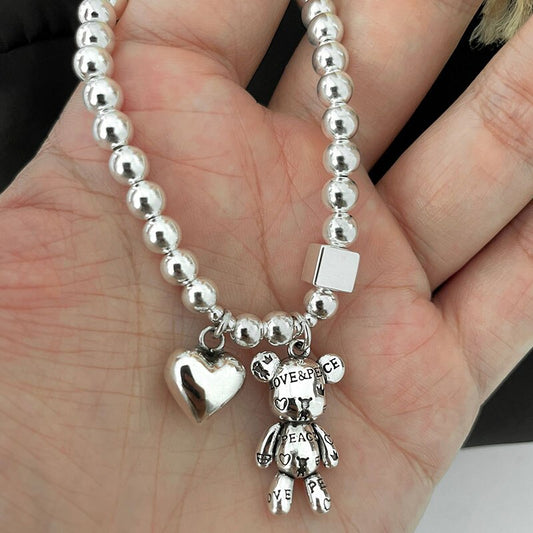 BLACK ANGEL 925 Sterling Silver Bracelets for Women Heart String of Beads Vintage Personality Cute Bear Pendant Party Jewelry