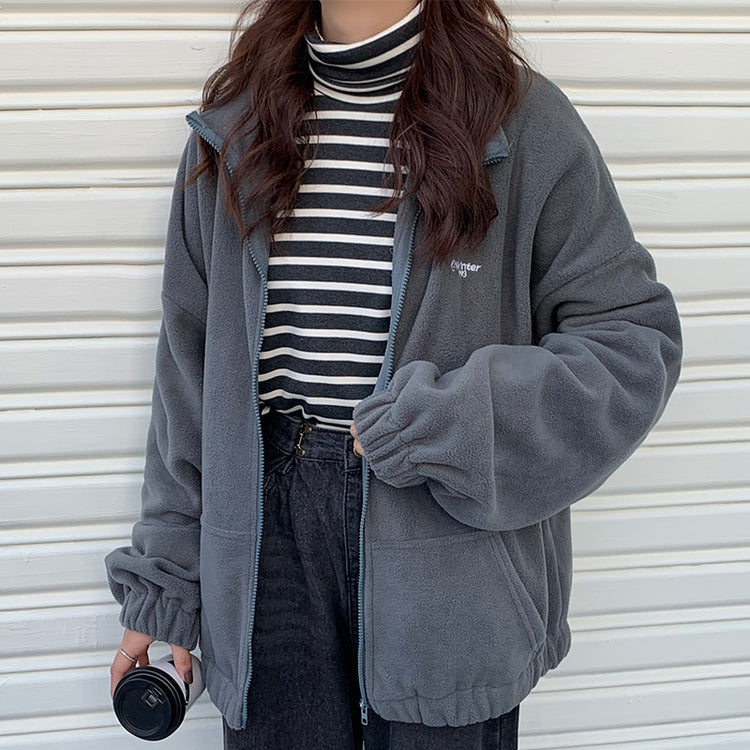Harajuku Women Zip-up Hoodies Plus Velvet Fleece Warm Winter Sweatshirts Jacket Casual Loose Stand Collar Oversized Hoodie 2020