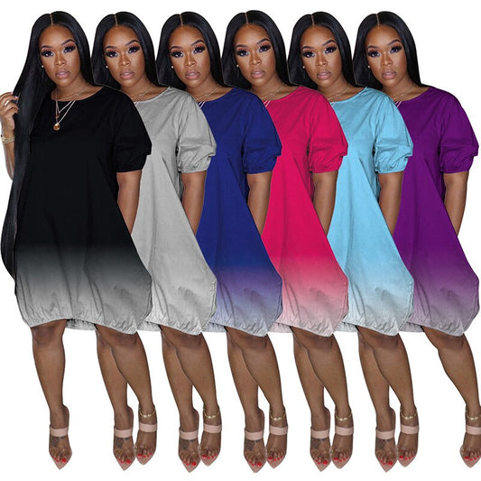 Women's Casual Plus Size Gradient Short Sleeved Midi Dress Round Neck Loose Fit for Summer LXH