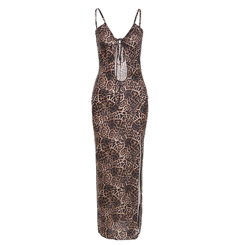 Summer Women's Sexy Suspenders Hollow Backless Dress  Slim Fit Slit Leopard Print Dress Fashion Elegant Party Dresses 2021