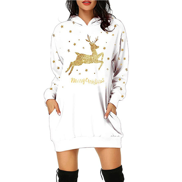 Harajuku Hoodie Dress Clothes For Women 2021 Fall Fashion Christmas Sika Deer Print Dresses Pocket Casual Vestido De Manga Longa