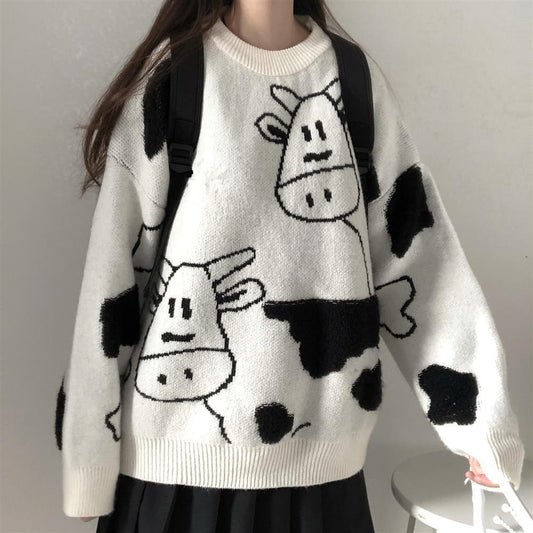 Women Knitted Sweater Cartoon Printed Pullover Girl Autumn Jumper Female Student Korean Fashion Knitwear Loose Wild Streetwear