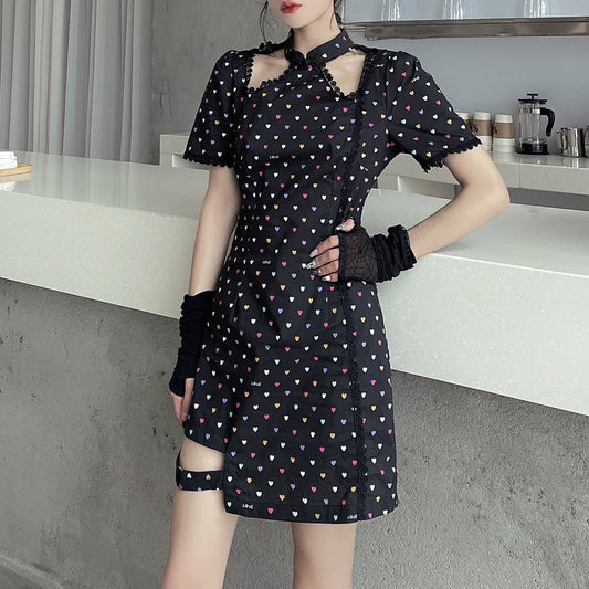 Dress 2021 Summer New Solid Color Printing Printing High Waist Hollow Out Stand-up Collar Summer Fashion High Street Hipster