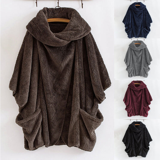 Plus Size Fashion Plush Batwing Coat Casual Ladies Faux Fur Turtleneck Jacket Coat Female Winter Long Sleeve Womens Outerwear