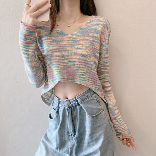 Vintage Women Sweaters V-Neck Pullovers Ladies Knitting Short New Casual Colorful Popular Sexy College Long Sleeve Chic Knitwear
