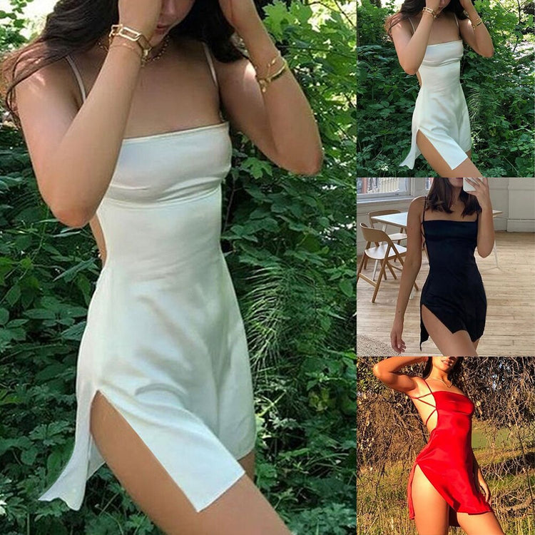 YiYiMiYu Rayon Suspender Dresses For Women 2021 Summer Sexy Backless Party Club Mini Slit Dress Adjustable Streetwears