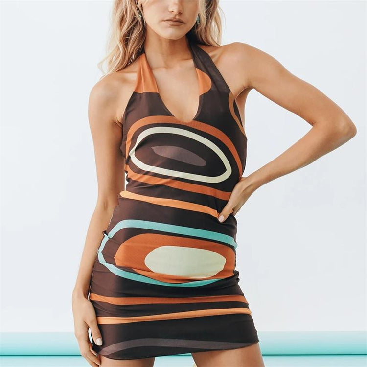 Summer Women's Dress Ins Style Abstract Printing See-through Casual Midi Dress U-Neck Halter  Slim-Fit Backless Sheath Dresses