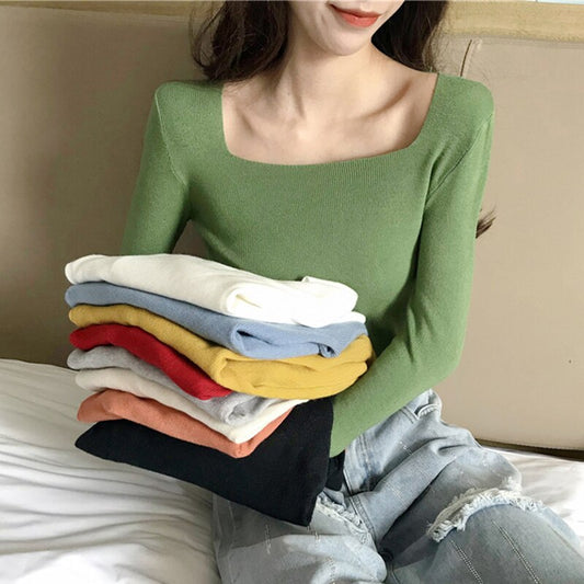 New  Casual Long Sleeve Autumn Knitted Sweater Women Pullover Square Collar Sweaters Korean Style Winter Slim Pull Knitwear