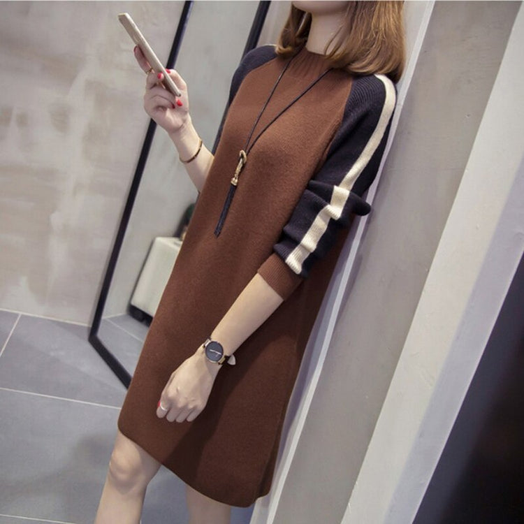 Patchwork Knitted Dress Autumn Winter Clothes Korean Elegant Loose Long Sleeve Large Size Ladies Sweater Dresses Plus Size