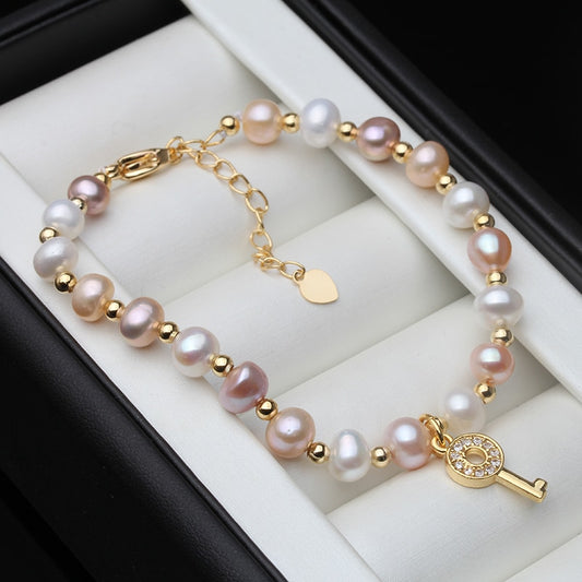 Beautiful Multi Color Round Real Natural Pearl Bracelet Women,Key Bracelet Adjustable Party Girl Bridal Jewelry