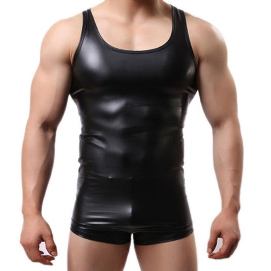 New Fashion Men Sexy Solid Color Sleeveless Low-cut Faux Leather Slim Vest Gym Tank Top