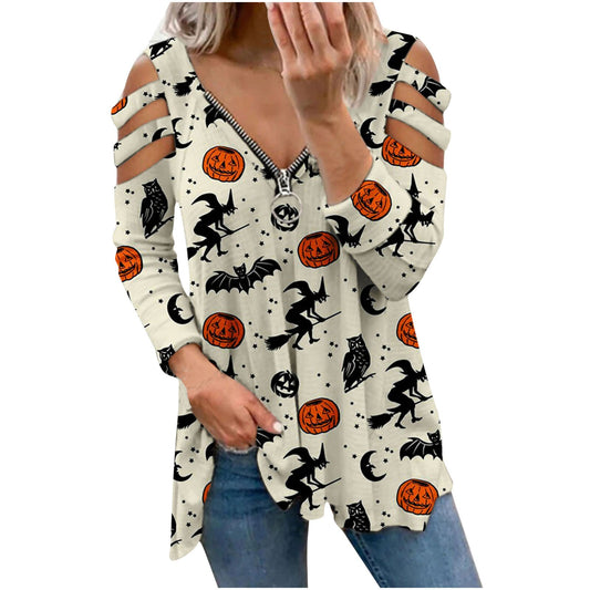 #50 Fall Clothes For Women 2021 Halloween Bat Printing Long Sleeved Blouse Top Zipper Pullover Blusas Elegantes Блузка Женская