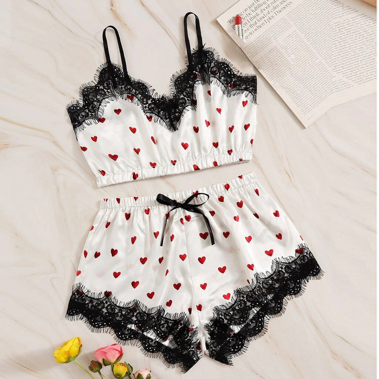 Sexy Pink Cute Women's Bra Set Heart Print Pajama Set Soft Polyester Lingerie Lady Smooth Underwear Bra+Brief Set Lace Lingerie