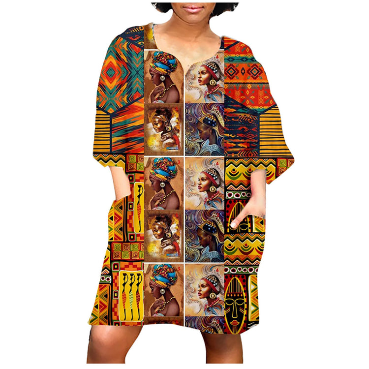 Loose Dresses For Women 2021 African Vintage Print Middle Sleeve V Neck Casual Mini Dress Above Knee Lady Comfortable Sukienka