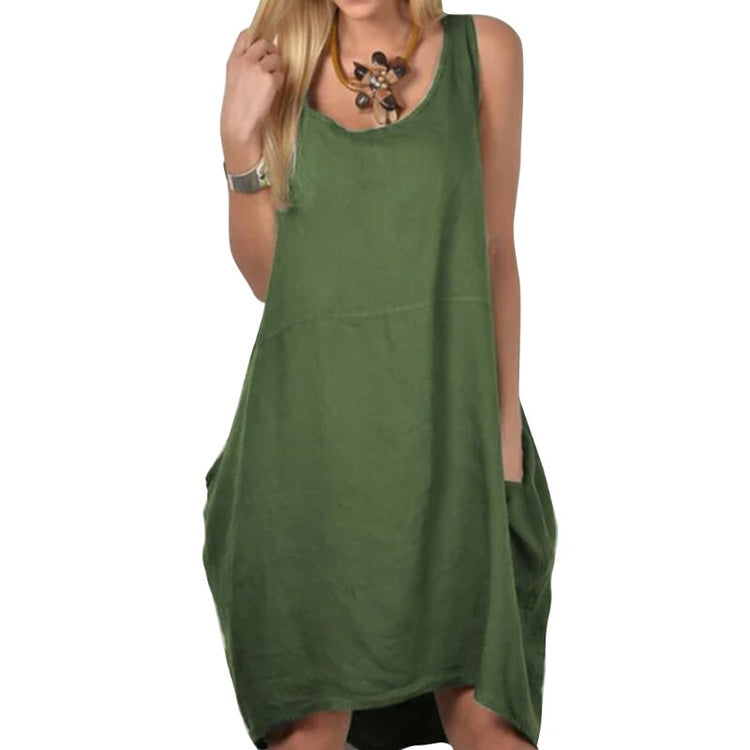 Women Summer Sleeveless Scoop Neck Midi Long Tank Dress Solid Color Loose Casual Beach Sundress with Pocket Plus Size
