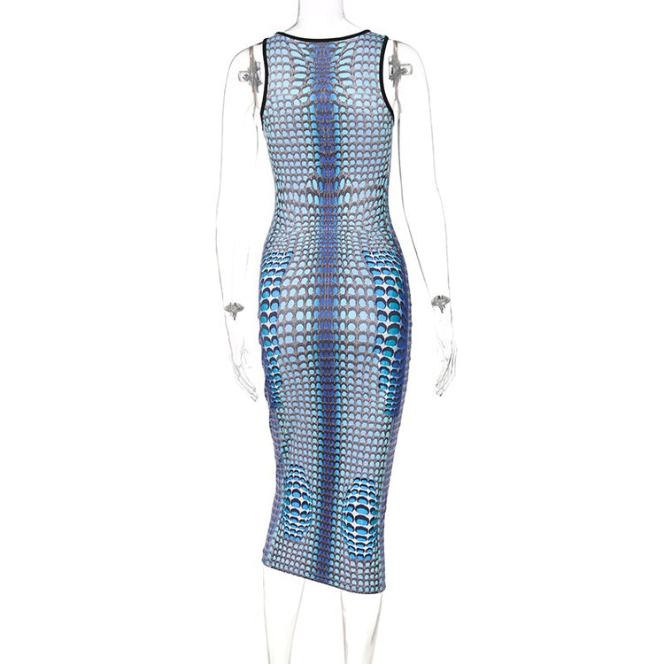 Chicology 2021 Women Summer Dress Snake  Tie Dye 3D Print Sleeveless Midi Round Neck Y2K Bodycon Elegant Dresses
