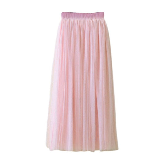L93F 80CM Womens High Waist Three Layer Sheer Mesh Pleated Tulle Midi Long Tutu Skirt Sweet Solid Candy Color Drape Swing Loose