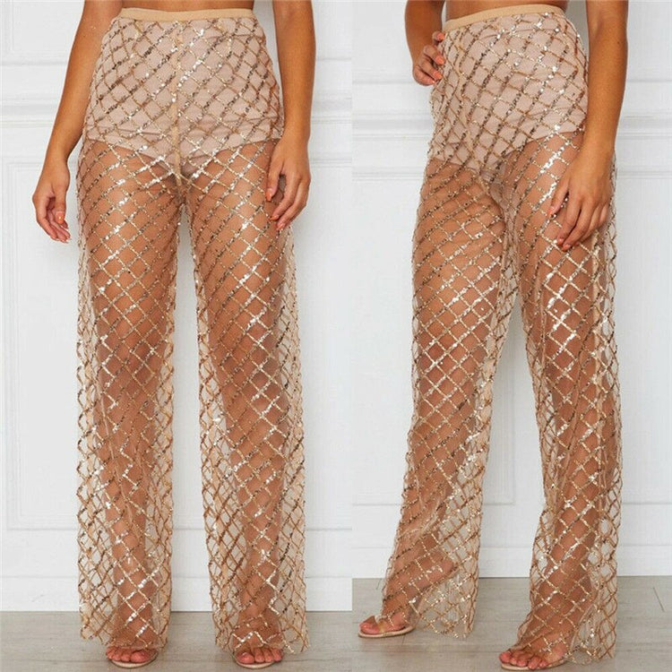 Sexy Women Crochet Sequins Beach Wide Leg Pants Lace Mesh Sheer High Waist See Through Casual Beach Trousers Clubwear