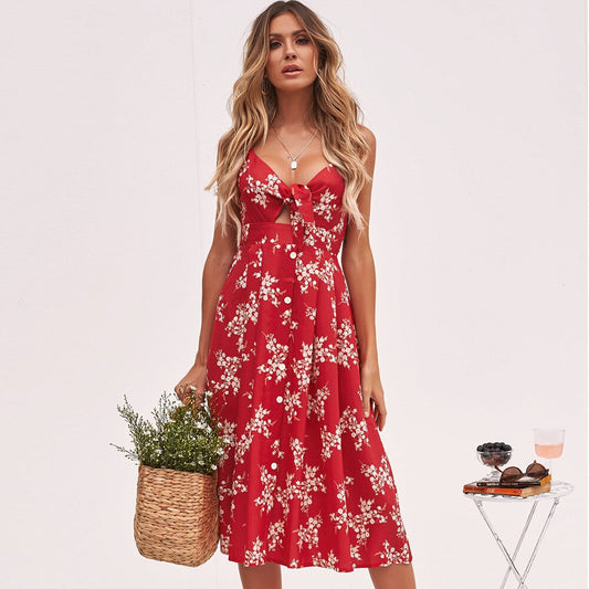 Summer Dress 2021Casual Flower Print Floral Slip Sundresses Backless Midi Red Dresses Women Clothing Bow Beach Vacation Vestidos