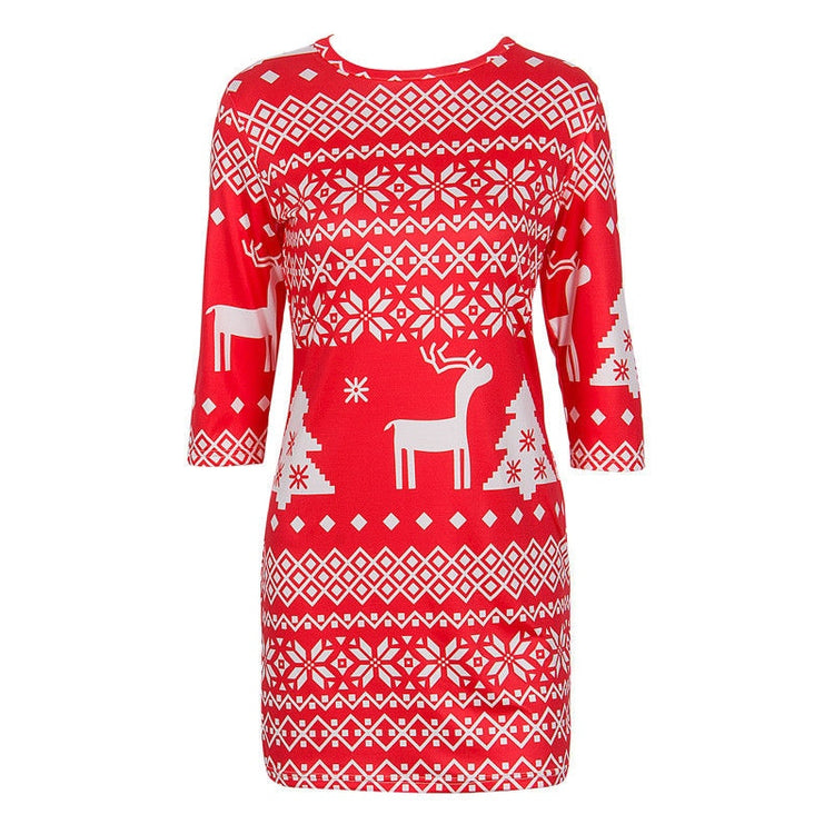 Women Round Neck Red Snow Long Sleeve Christmas Pattern Printed Dress Slim Waist Pullover