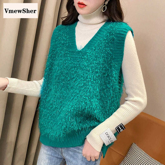 VmewSher New Women Sleeveless Pullover 2020 Hot Puffy V Neck Knitted Sweater Vest Loose Knitwear Women Waistcoat Tops Fashion