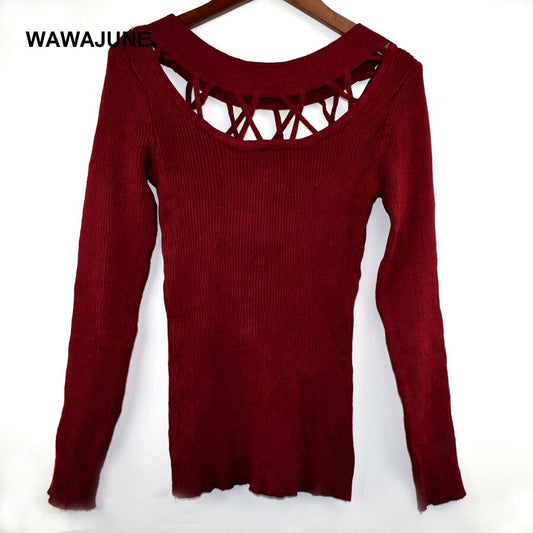 #108 Wine Red Knitwear Slash neck Elegant Classical Jumpers For Women Tight Top Casual Autumn Ladies Thick