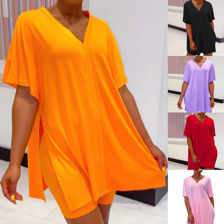 2pcs/Set Solid Color Short Pajama Set Women Short Sleeve V-Neck T-shirts Top Skinny Shorts Pajamas Women Sleepwear Homewear