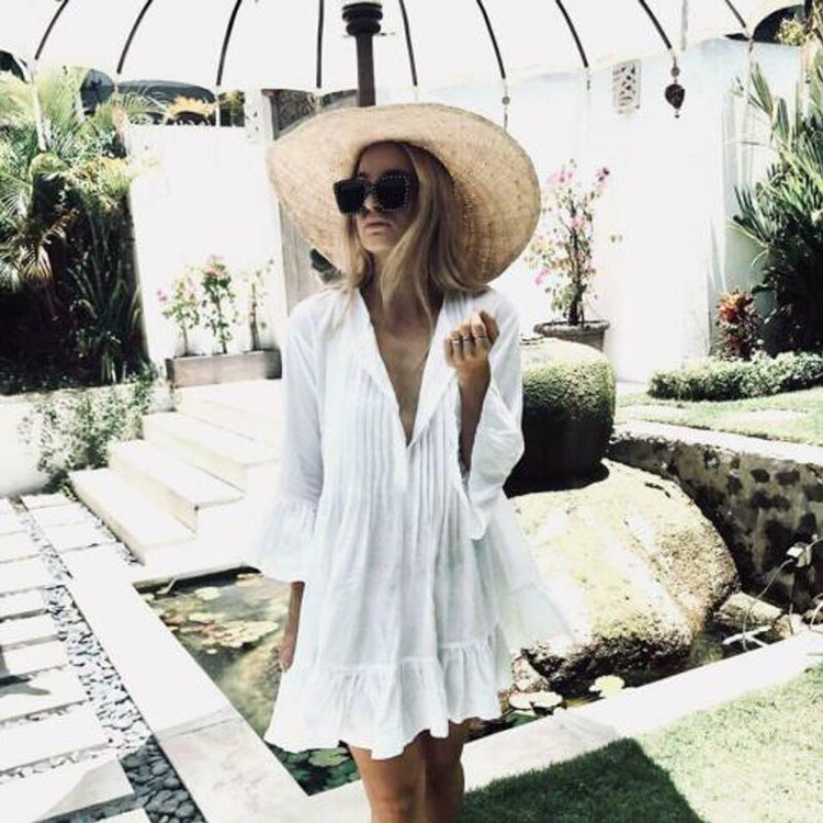 Summer Swimwear Cover Up Beach Wear Loose V Neck Solid White Blouse Shirt Dresses Women Boho Shirts Dresses