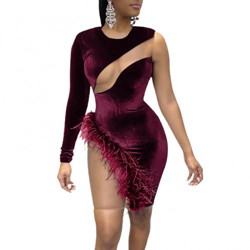 Women Sexy Long Sleeve One Shoulder Mesh Patchwork Feather Mini Bodycon Dress