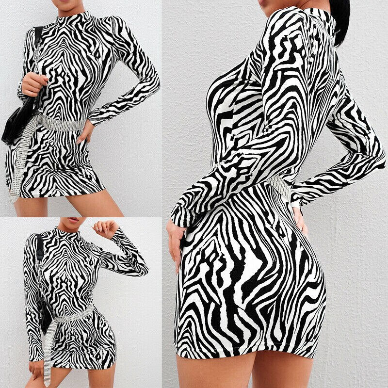 Fashion Sexy Women Bodycon Long Sleeve Zebra Striped Dress Clubwear Print Turtleneck Slim Dress Evening Party Mini Pencil Dress