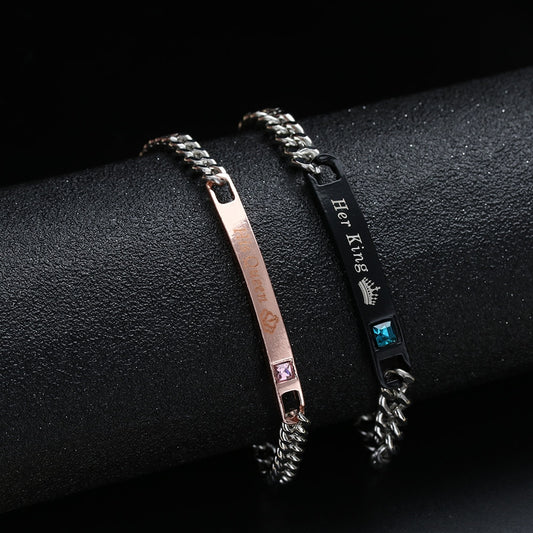 1PC Fashion Stainless Steel Couple Bracelets Men and Women Love Bangle His Queen Her King Crystal Crown Jewelry Valentine Gift
