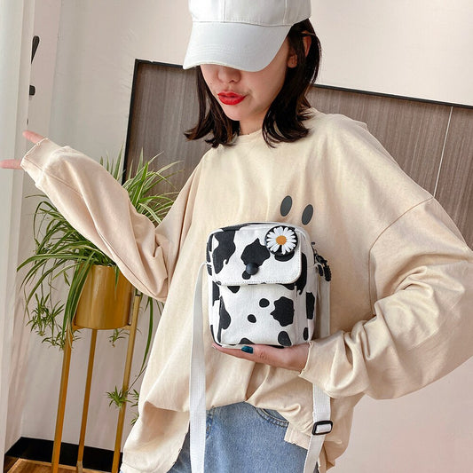 Women Canvas Shoulder Bag Cow Print Travel Bear Doll Pendant Crossbody Satchel Fashion Exquisite Shopping Bag Tassen Dames Borse