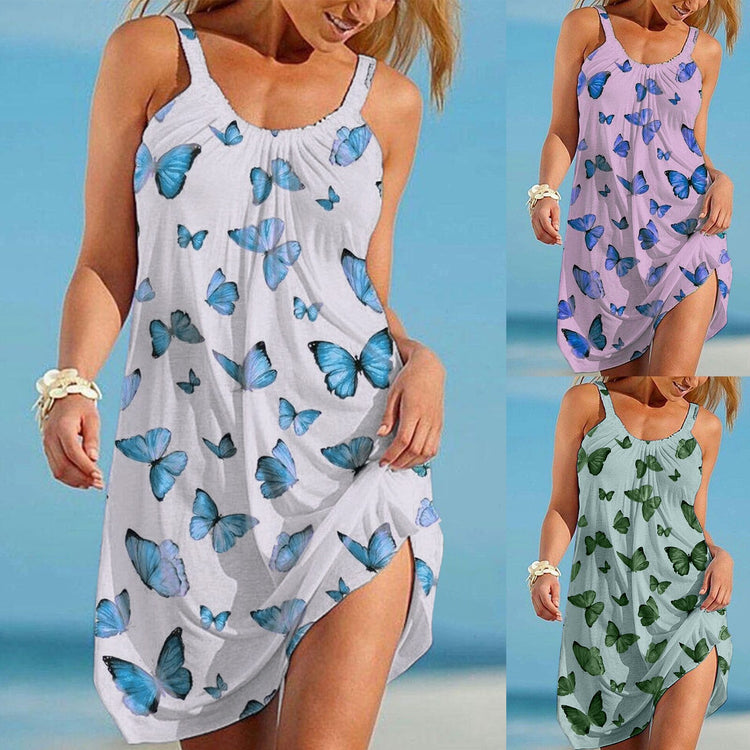 Women Tropical Butterfly Print Halter Backless Knee-Length Dress Sexy Sleeveless Beach Sundress Summer Holiday Dress Vestidos