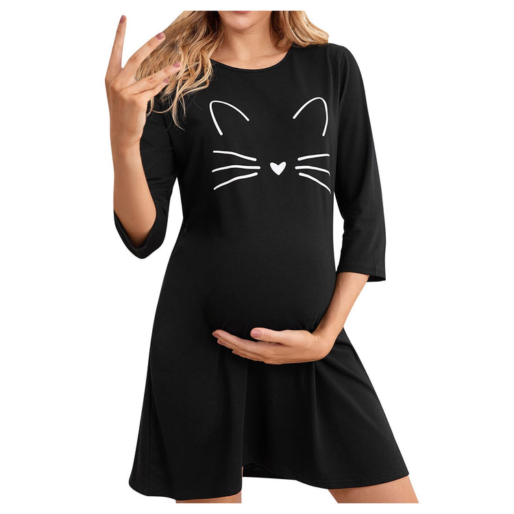 Kawaii Maternity Dresses Women Cat Print Ruched 3/4 Sleeve Dress Plus Size Casual Summer Baby Shower Dresses Белое Платье