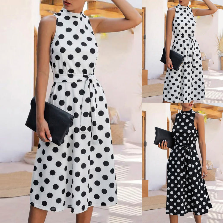 Summer Elegant Fashion Polka Dot Long Dress Women‘s Casaul High Waist  Pleated Frenulum Knee-Length Dress Daily Office  Dress