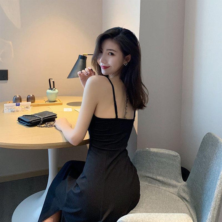 New Solid Black Dress with Suspender Sexy Gentle V-Neck Retro Long Dresses with Side Slit Beach Party 2021 Summer New Clothes