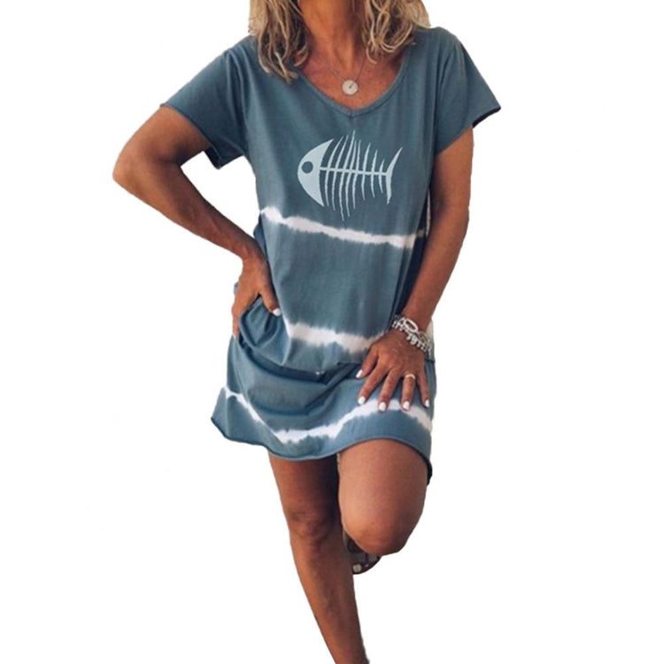 70% Summer Women's Dress 2021 Hot Sell Women Summer Casual V Neck Short Sleeve Fish Bone Print Beach Loose Mini Dress