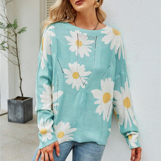 2021 Autumn Winter Sweaters Women Fashion Sets Printing Daisy Quality Knitwear Loose Sweaters Vintage Coat Winter O-neck Tops