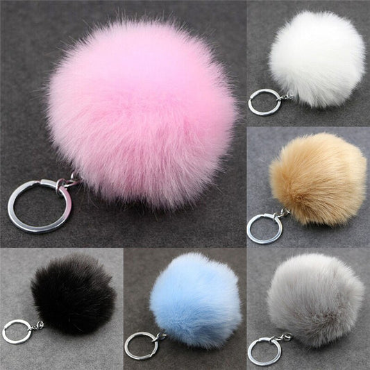 1Pcs Key Chain Silver Metal Buckle Faux Rabbit Fur Ball Pom Pom Fluffy Keychain For Bag Accessories
