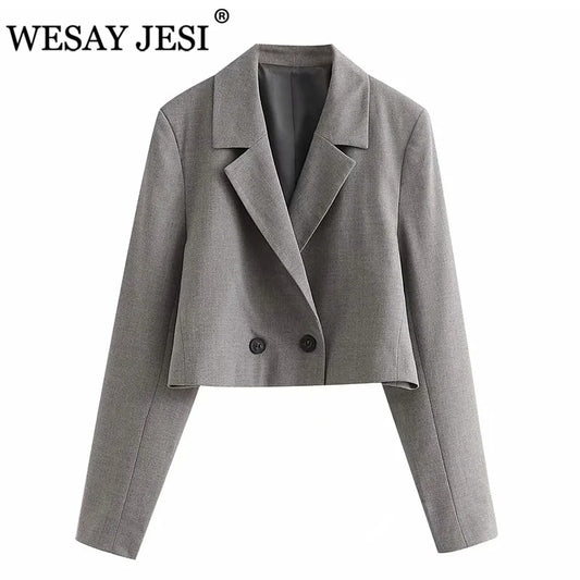WESAY JESI Women 2021 Za Fashion Female Blazer Set Elegant 2Pcs Buttons Cropped Blazer Side Split Mini Skirts Suits Chic Sets
