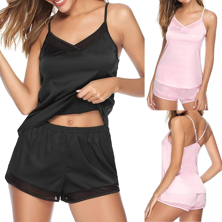 Sexy Satin Lace Pajamas Shorts Set Summer Women Sleepwear Solid Home Suit Adjustable Shoulder Strap Sleeveless V-neck Camisoce