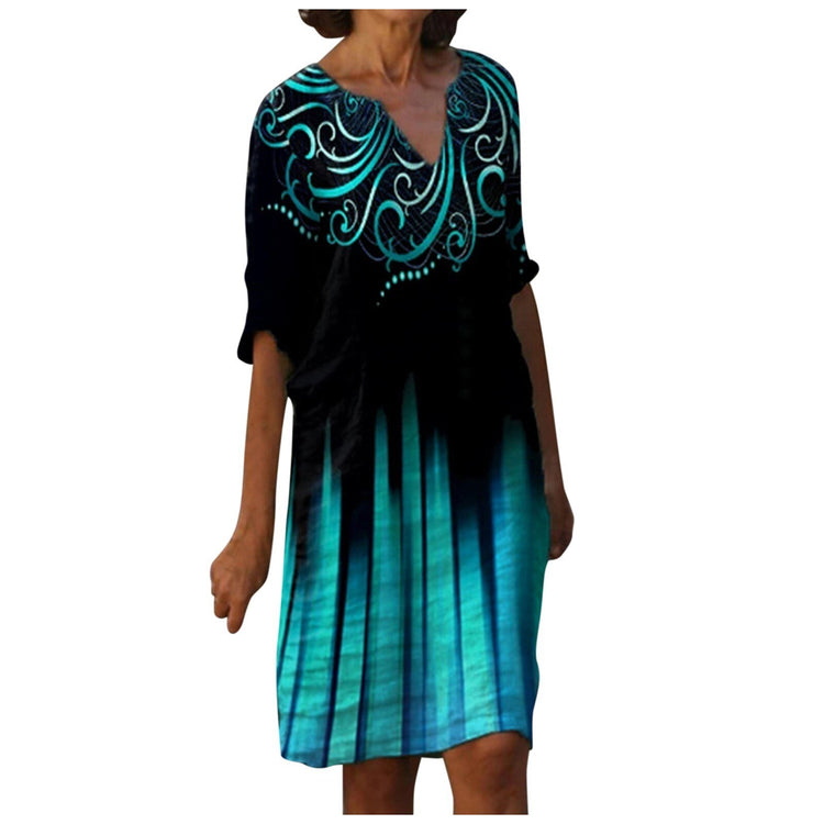 2021women's Fashion Clothing Medium Length Printed Half Sleeve V-neck Dress Casual Color Fish Scale Ladies Elegant Dress#X5