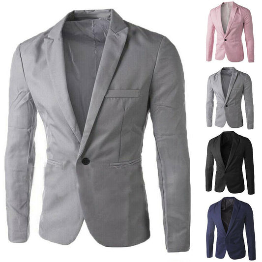 2021 Men Solid Color Long Sleeve Lapel One Button Pocket Blazer Slim Suit Coat Fit Dropshipping