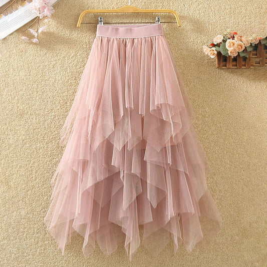 Harajuku Elegant Skirt Women Spring Solid Color A-line Elastic High Waist Long Mesh Skirt Gauze Skirt Jupe Froncee Asymetrique