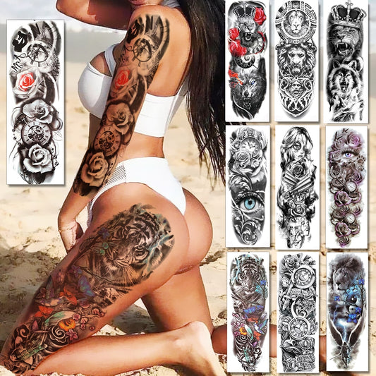 Sexy Long Full Arm Rose Clock Temporary Tattoos For Men Women Tatoo Body Leg Art Makeup Large Tiger Flower Fake Tattoo Stickers