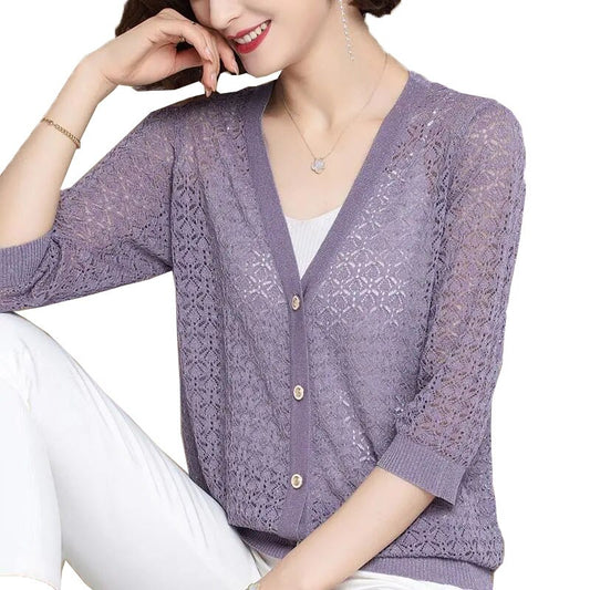 Women's Thin Coat Summer Sun Protection Shirt Short Hollow 3/4 Sleeve Knit Sweater Ice Silk Knitted Cardigan Jacket Female Tops